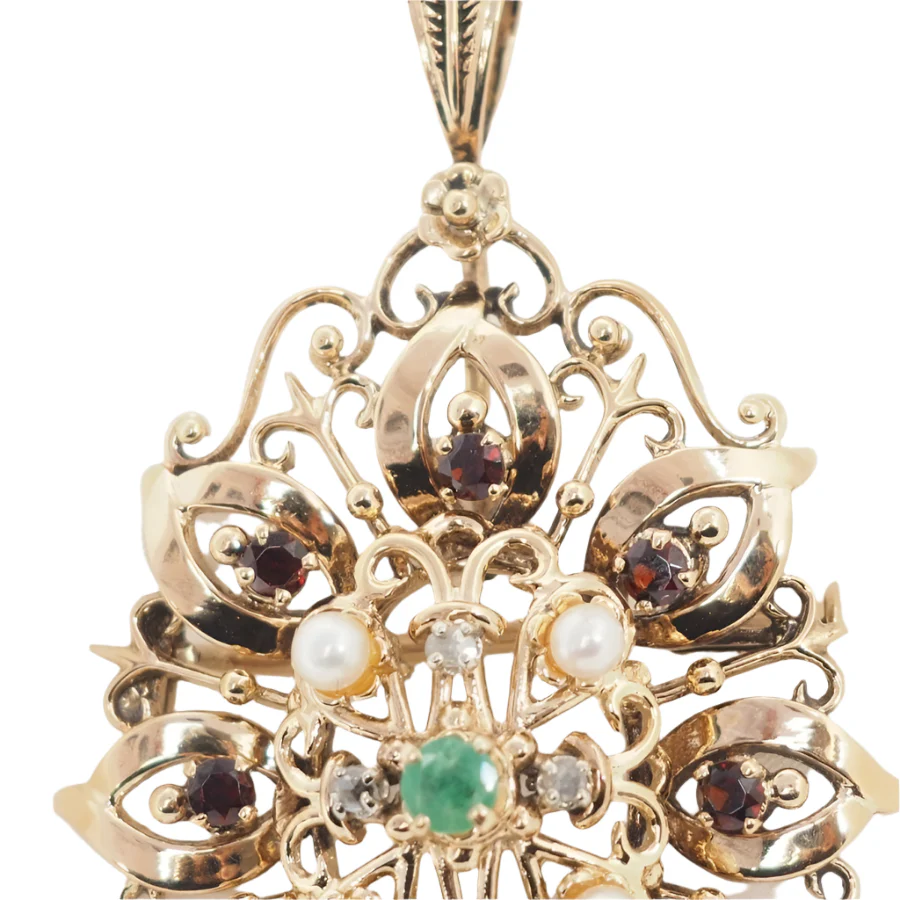 Broche pendentif en or jaune, emeraude et perles de culture - Image 3