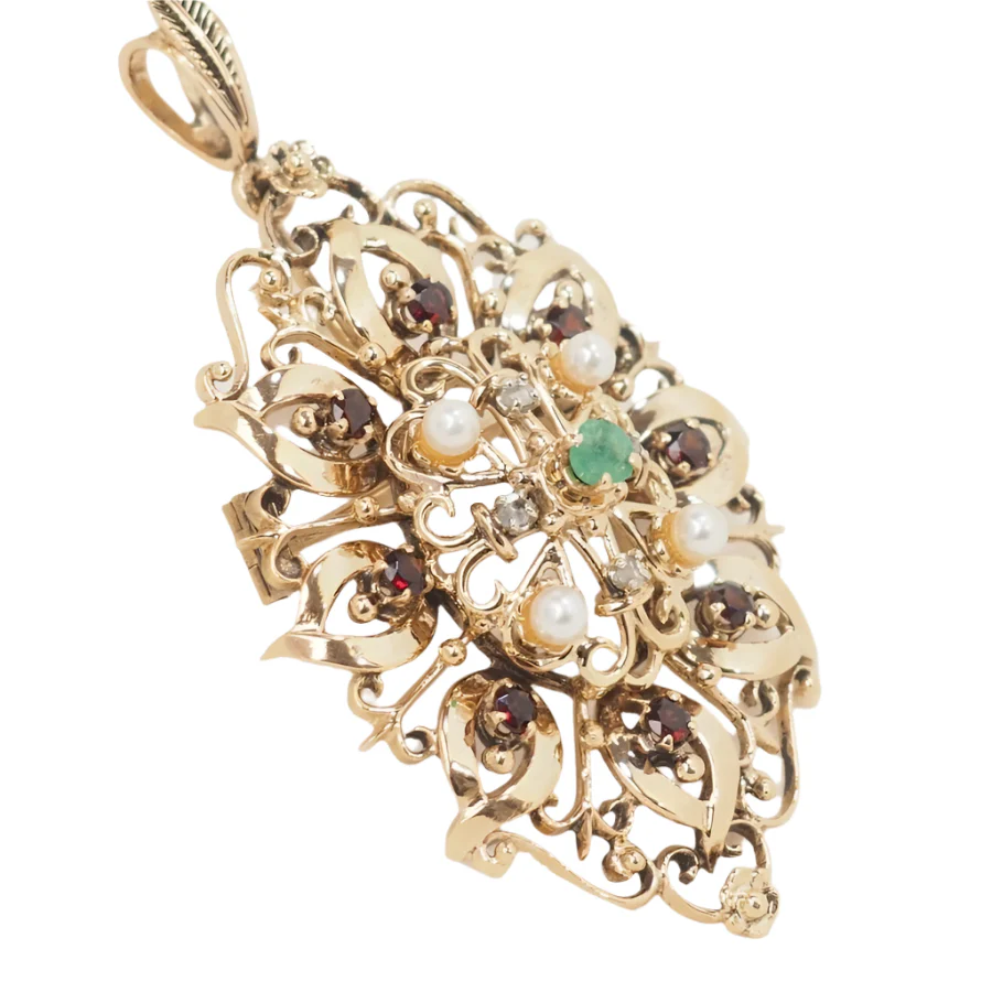 Broche pendentif en or jaune, emeraude et perles de culture - Image 4