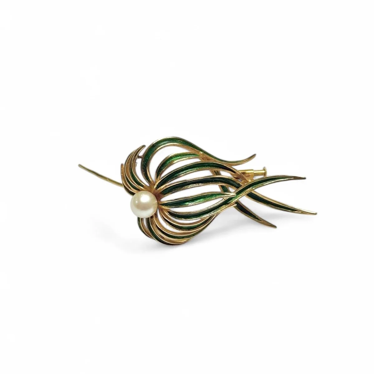 Broche « posidonie » en or jaune, émaillé vert et perle - Image 5
