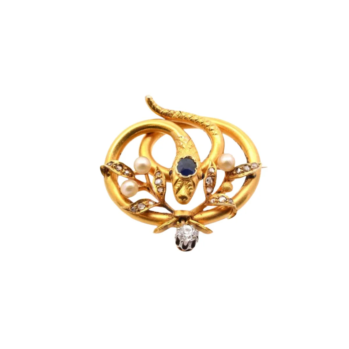 Broche serpent 19e diamants, perles et saphir