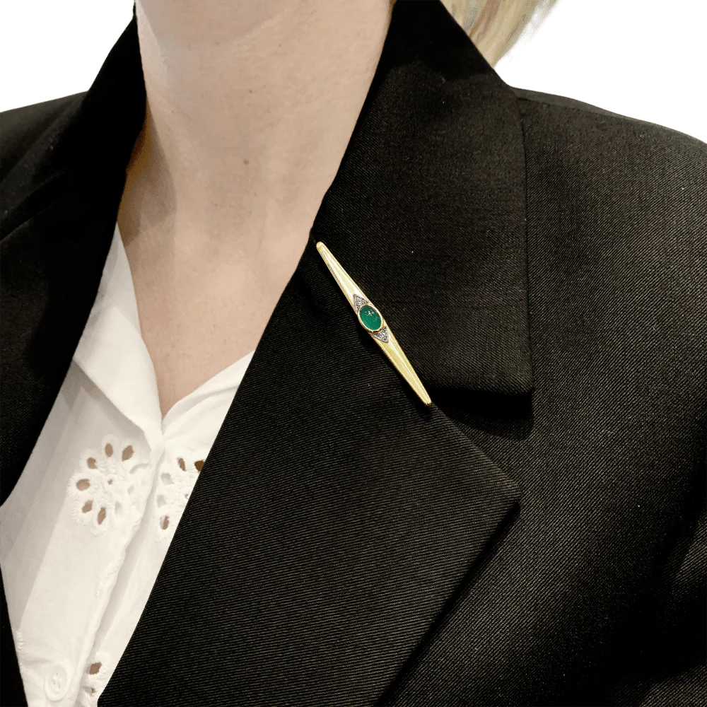 Broche Épingle VAN CLEEF & ARPELS en or jaune, platine, chrysoprase et diamants - Image 2