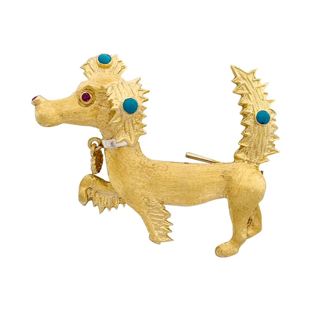 Broche Clip Bestiaire en or jaune, or blanc, rubis et turquoise