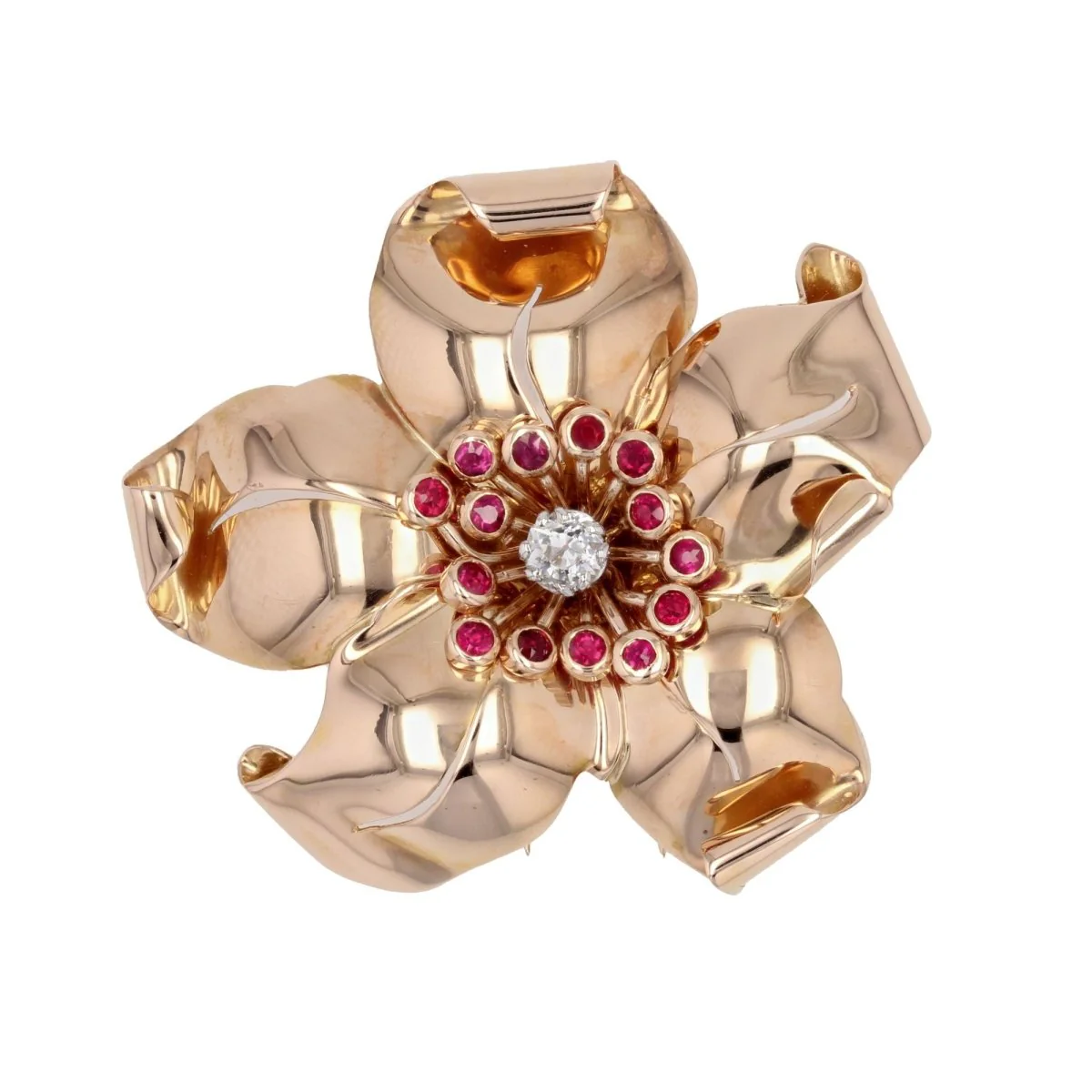 Broche Épingle en or rose, rubis et diamant