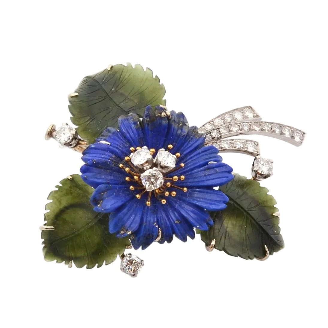 Broche Épingle en or jaune, platine, jade, lapis-lazuli et diamants