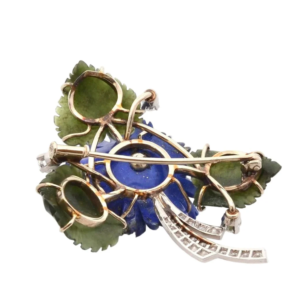 Broche Épingle en or jaune, platine, jade, lapis-lazuli et diamants - Image 2