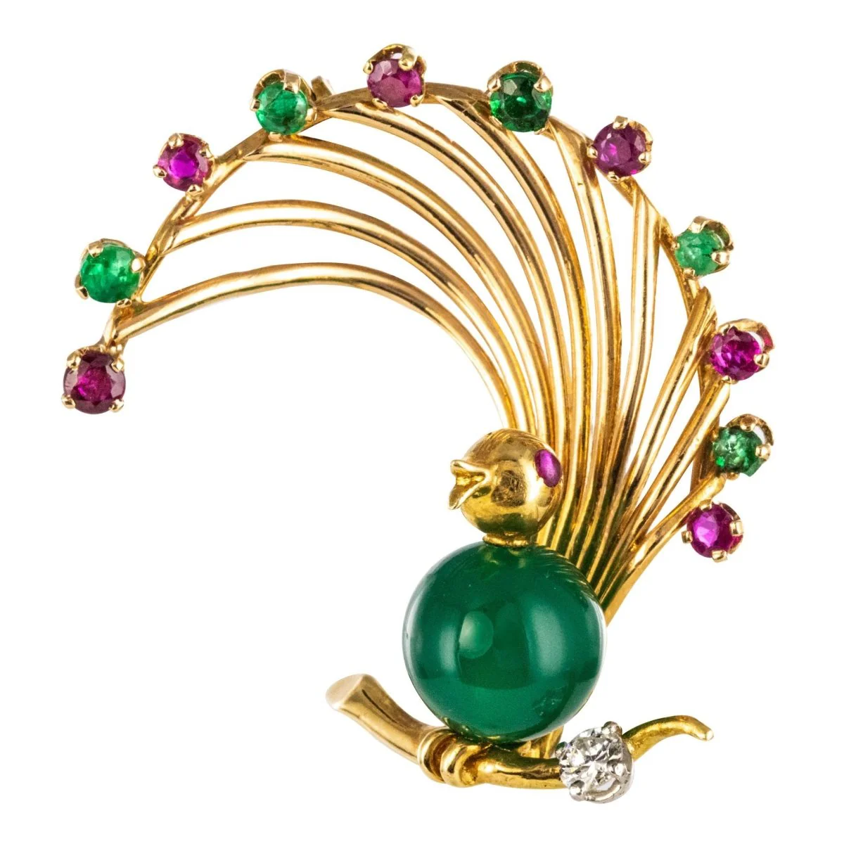 Broche Épingle en or jaune, rubis, chrysoprase, émeraudes et diamant