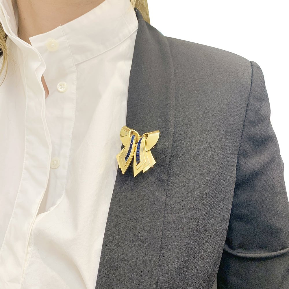Broche Clip en or rose et pierres bleues. - Image 2