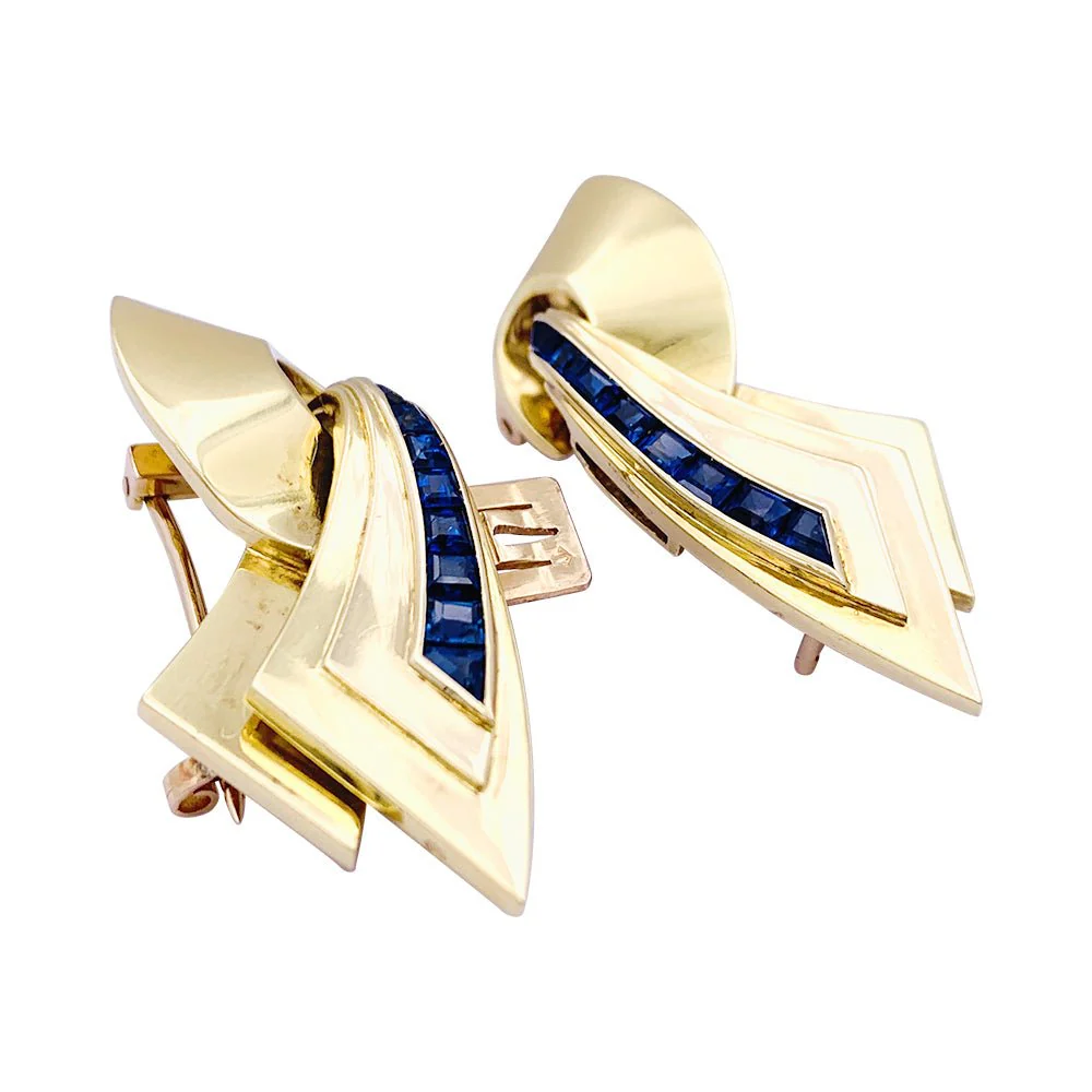 Broche Clip en or rose et pierres bleues. - Image 3
