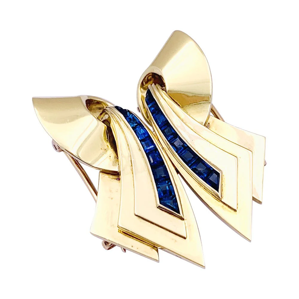 Broche Clip en or rose et pierres bleues. - Image 5