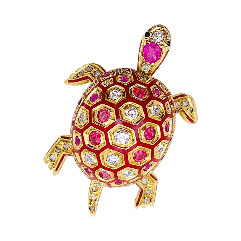 Broche "Tortue" en or jaune, émail, rubis, saphirs et diamants - Image 3