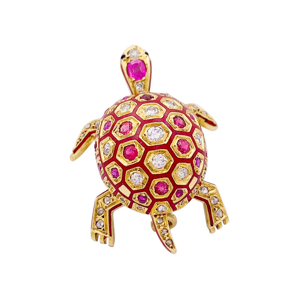 Broche "Tortue" en or jaune, émail, rubis, saphirs et diamants - Image 4