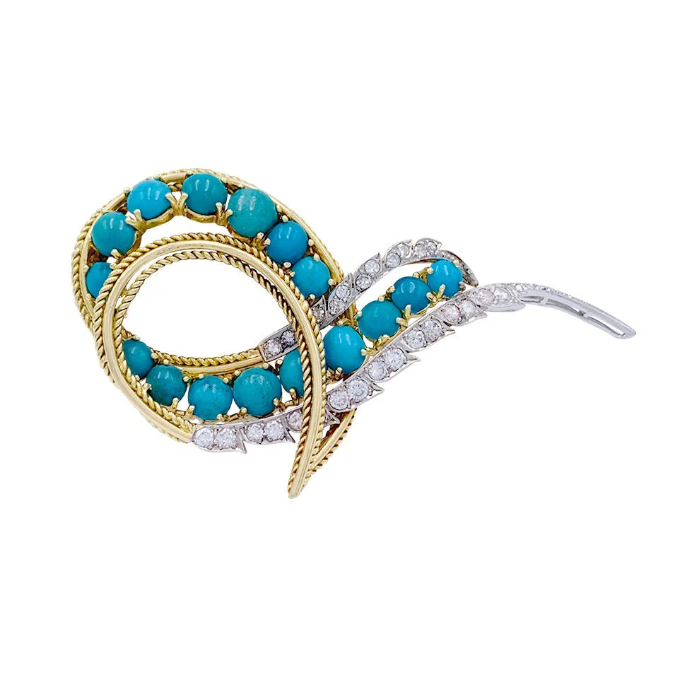 Broche Volute or, platine diamants et turquoises - Image 5