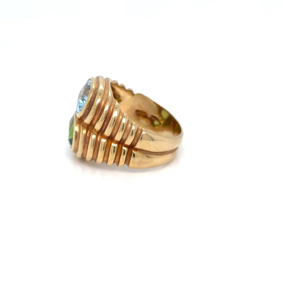 Bulgari Doppio Baccellato Ring in 18k Yellow Gold with Blue Topaz & Peridot, Circa 1980 - Image 5