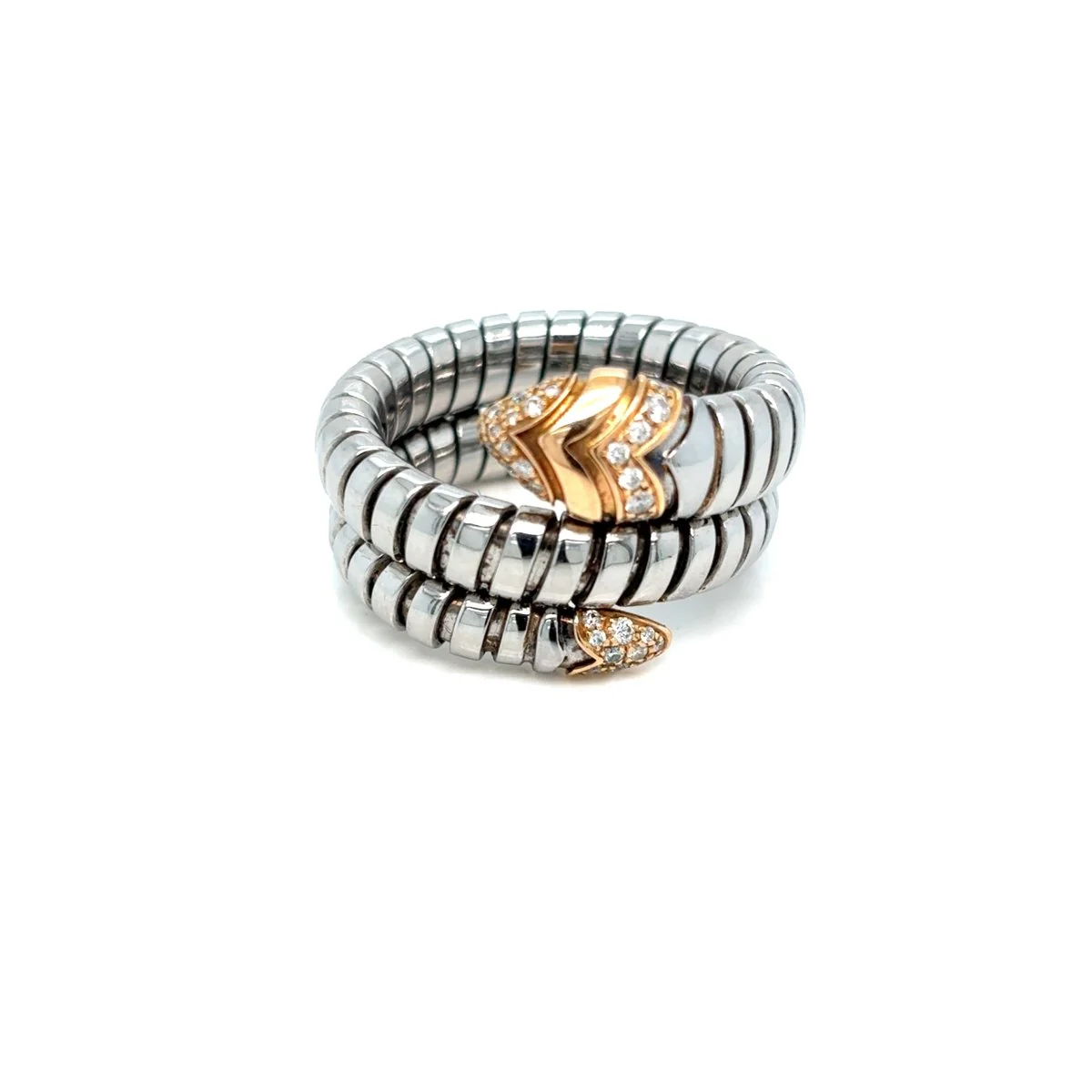 Bulgari Serpenti Tubogas Ring in Steel, Rose Gold and Diamonds