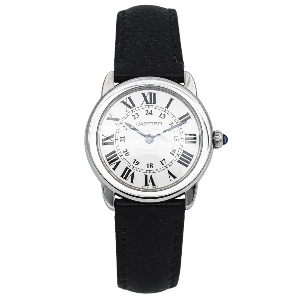 Montre CARTIER "Ronde Solo" en acier, argent, spinelle et cuir