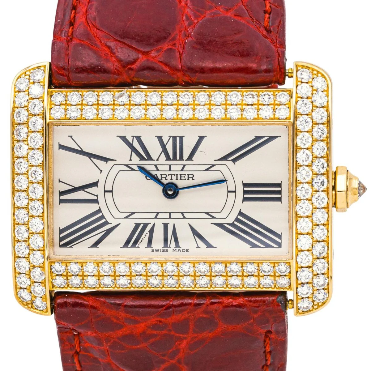Montre CARTIER "Tank Divan" en or jaune, cuir et diamants - Image 3