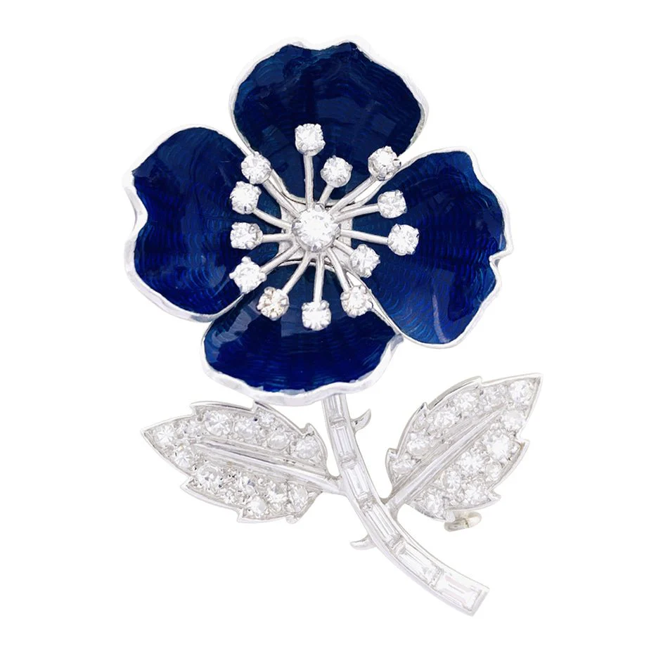 Broche Épingle BOUCHERON "Eglantine" en or blanc, platine, émail et diamants