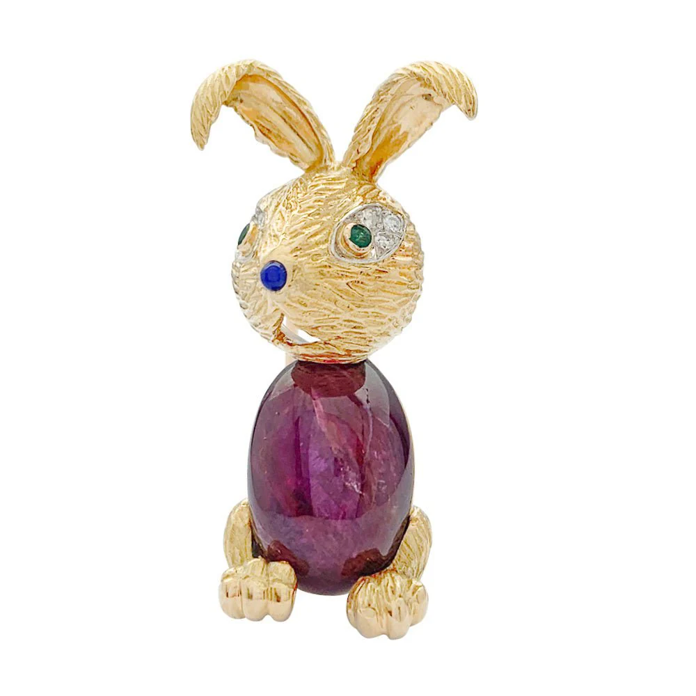 Clip "Lapin" or jaune et platine, rubis
