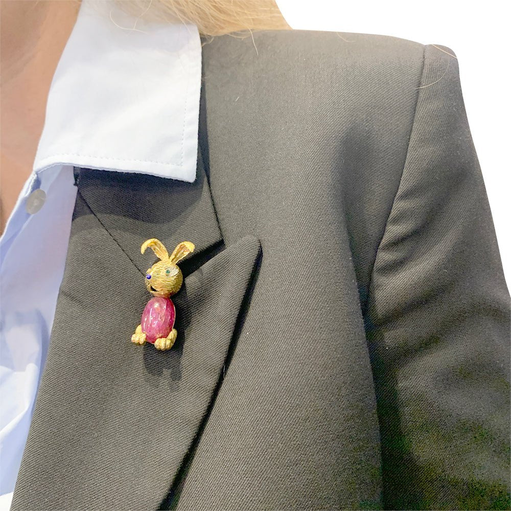 Clip "Lapin" or jaune et platine, rubis - Image 8