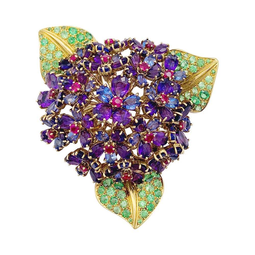 Clip René Boivin,"Bouquet de Violettes", or jaune, gemmes de couleur. - Image 2