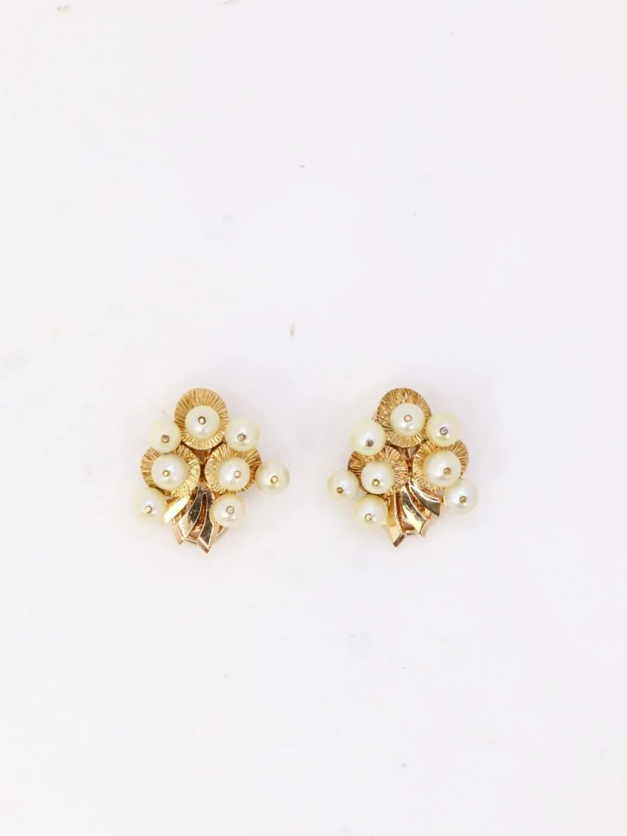 Clips d’oreilles vintage en or jaune et perles de culture