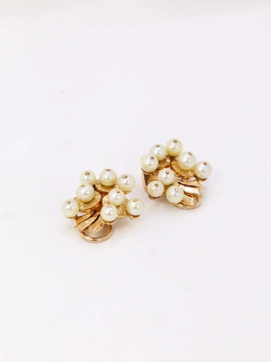 Clips d’oreilles vintage en or jaune et perles de culture - Image 2