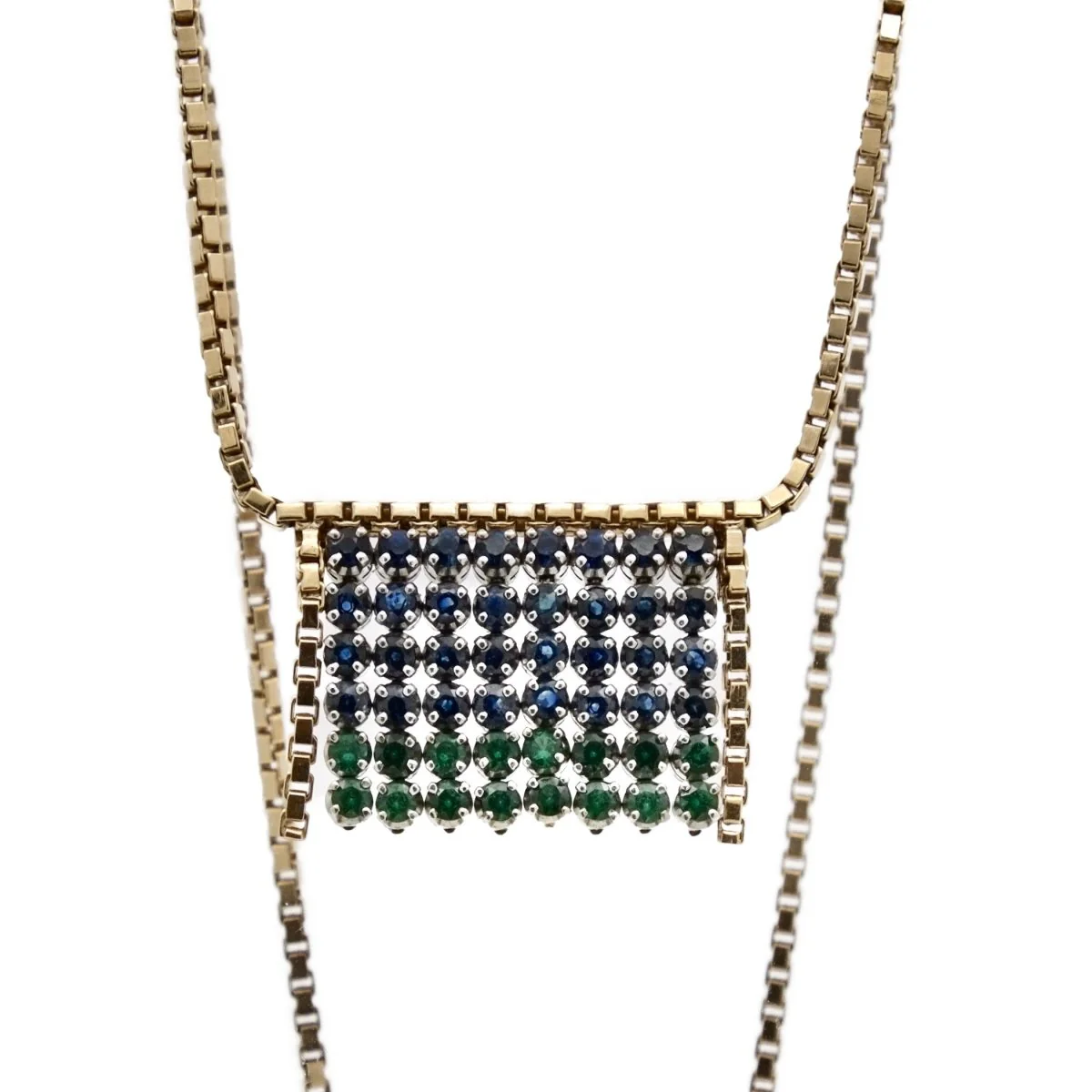 Collier à franges en or jaune et or gris avec émeraudes et saphirs