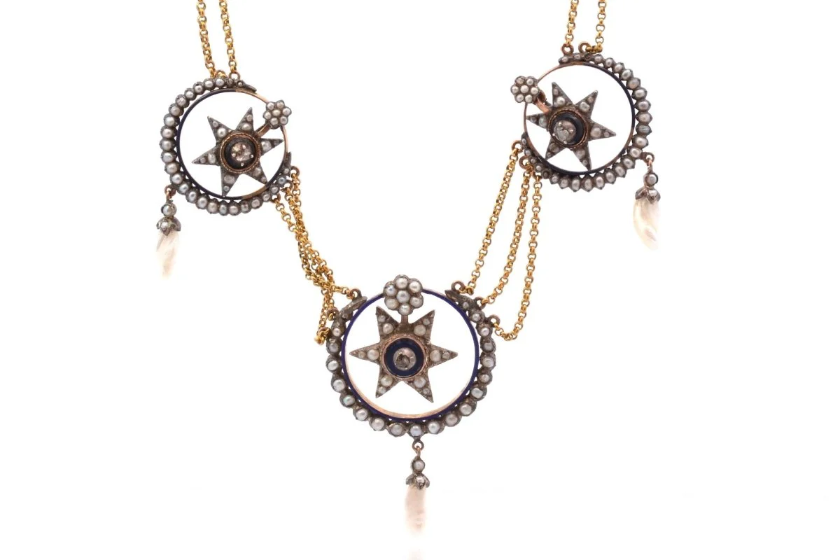 Collier ancien 19e perles fines et roses de diamants