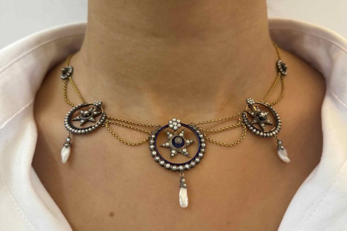 Collier ancien 19e perles fines et roses de diamants - Image 4