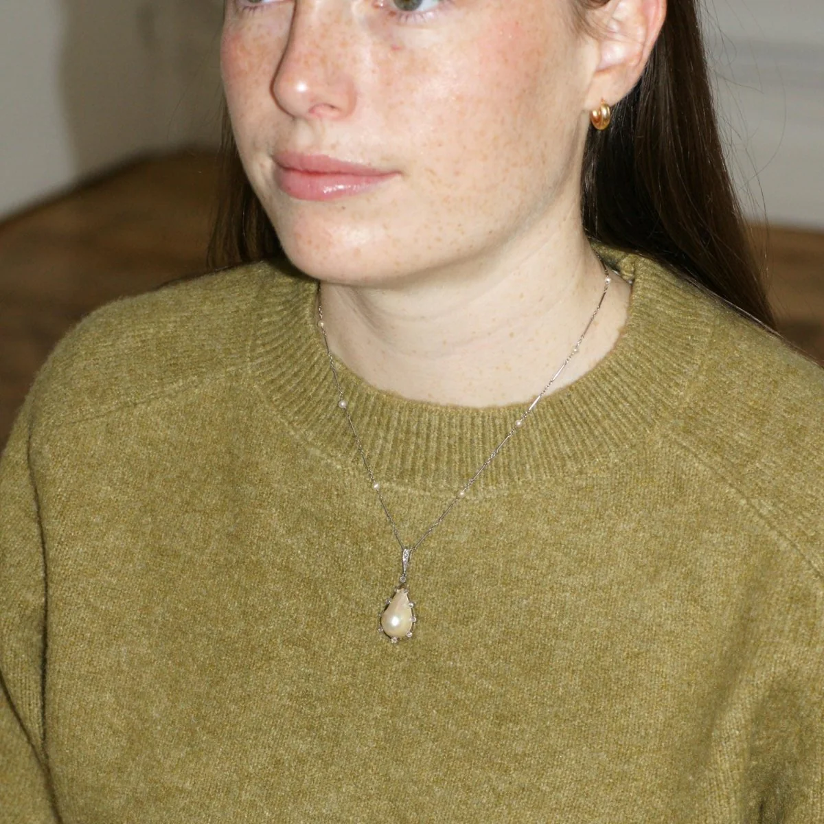 Collier Pendentif en platine or jaune, perle, et diamants - Image 7