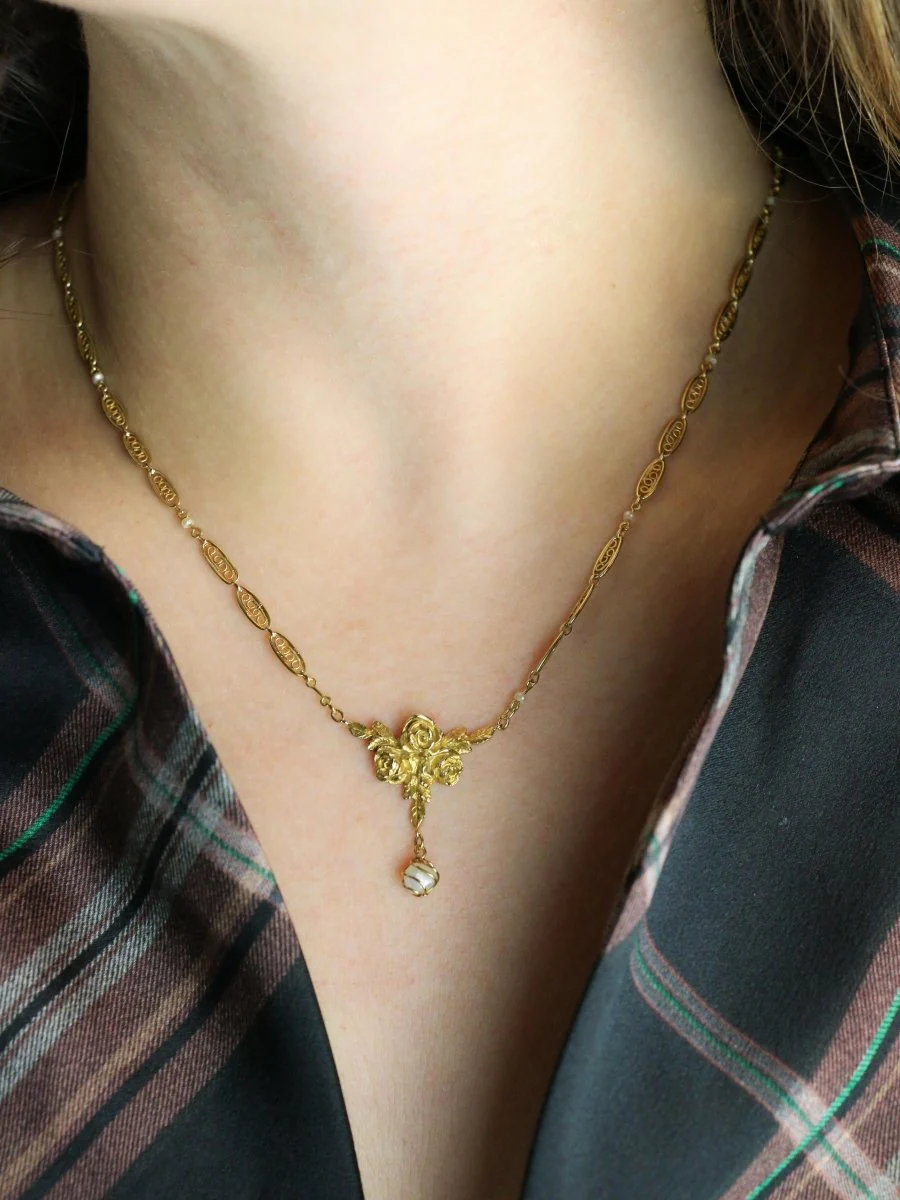 Collier Art Nouveau maille filigrane or jaune perles fines - Image 11