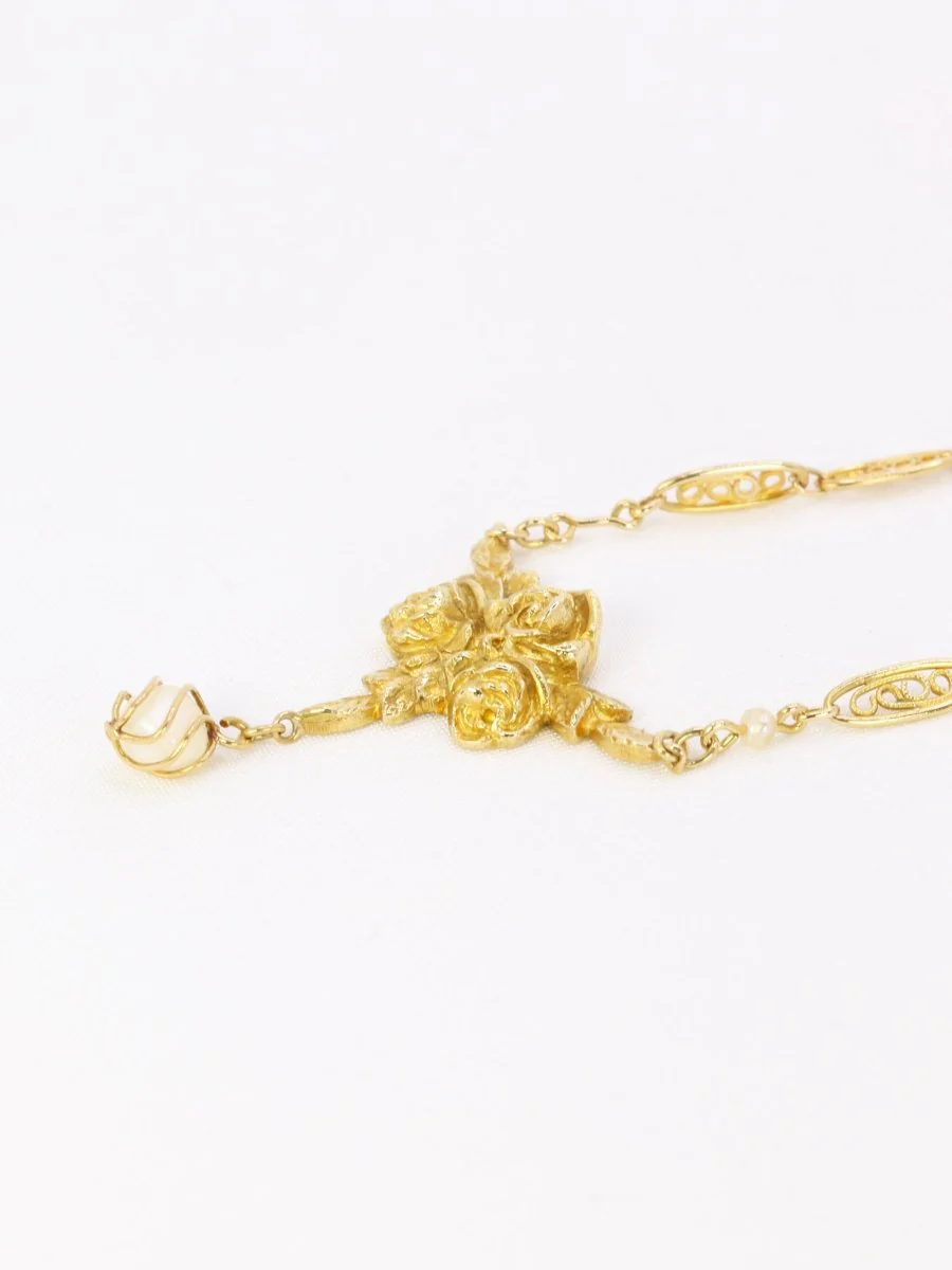 Collier Art Nouveau maille filigrane or jaune perles fines - Image 8