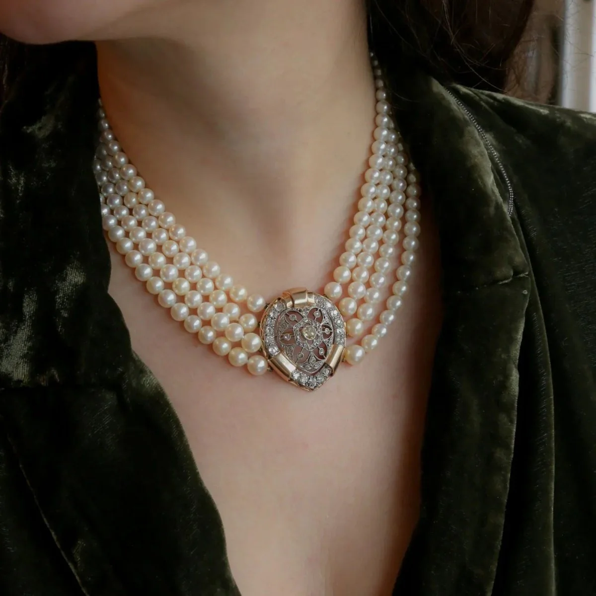 Collier Belle Epoque diamants perles de culture - Image 2