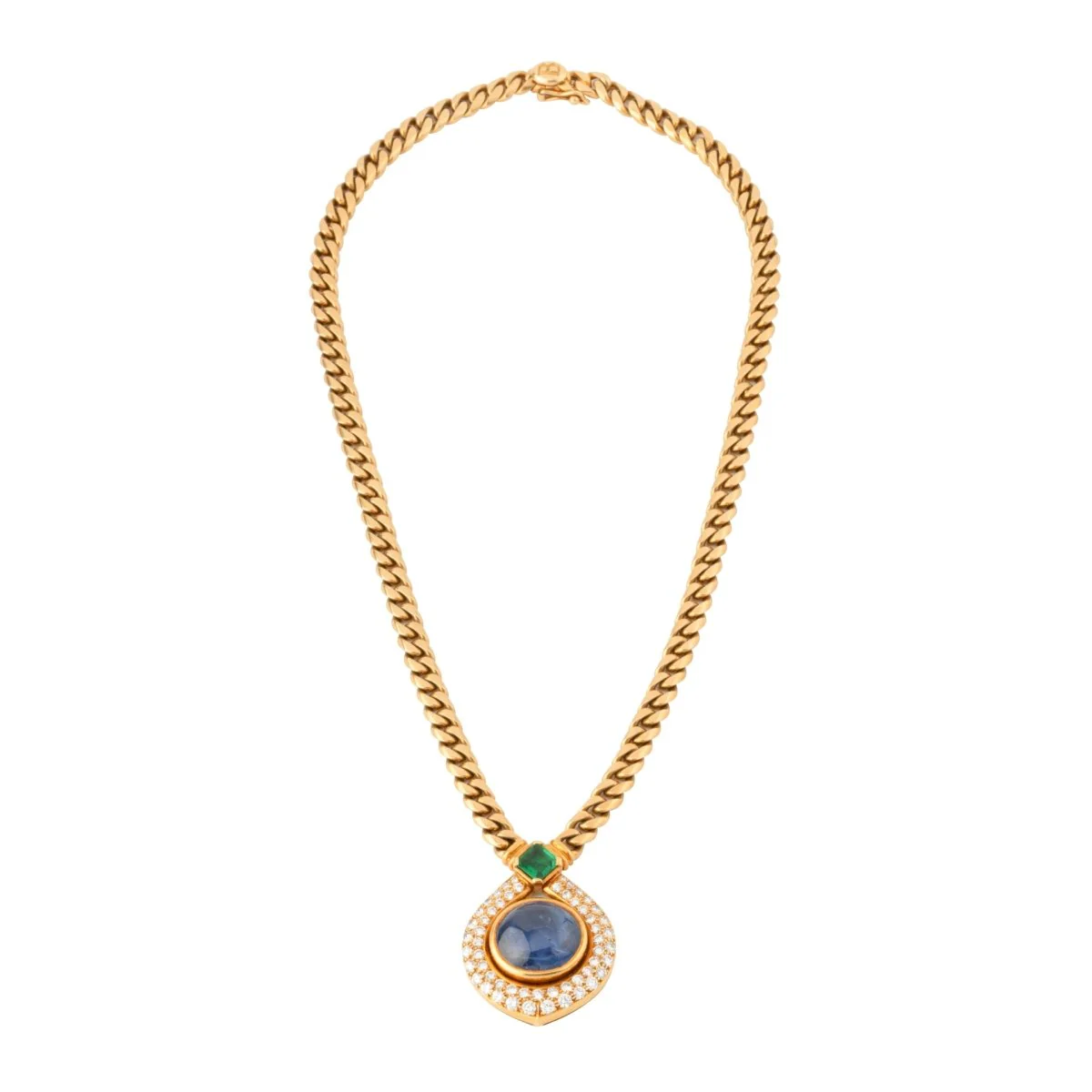 Collier Pendentif BULGARI en or jaune, saphir, émeraude et diamants