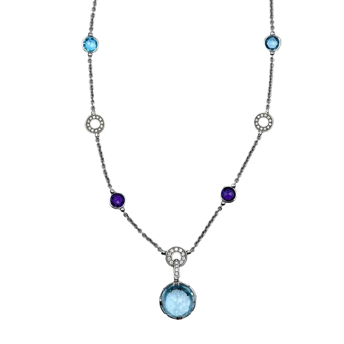 Collier BVLGARI "Parentesi Cocktail" en or blanc, topazes bleues, améthystes et diamants