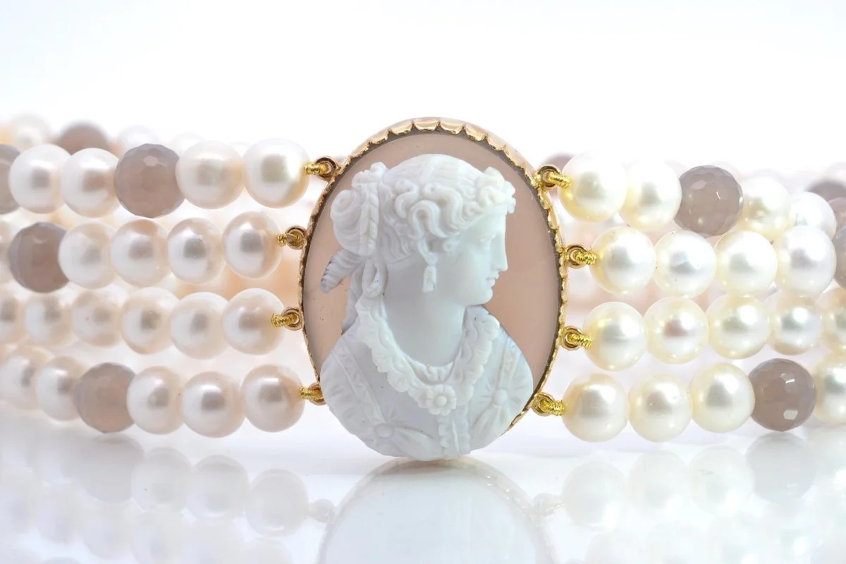 Collier camée agate et perles d'eau douce en or - Image 2