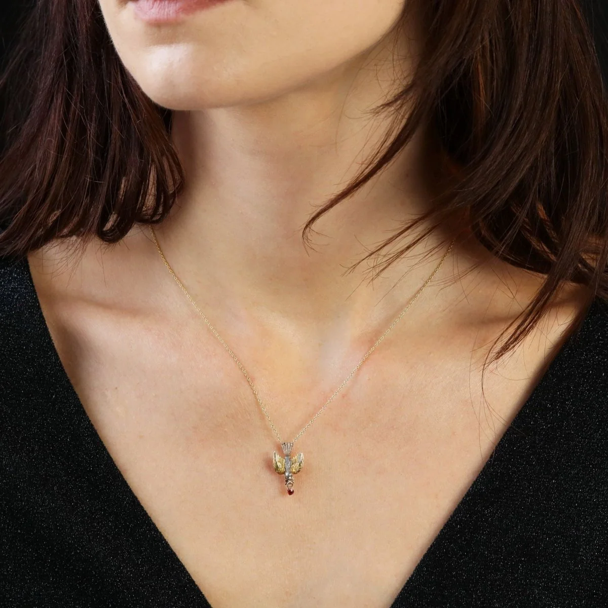 Collier Pendentif en or jaune, or rose, argent et grenat - Image 2