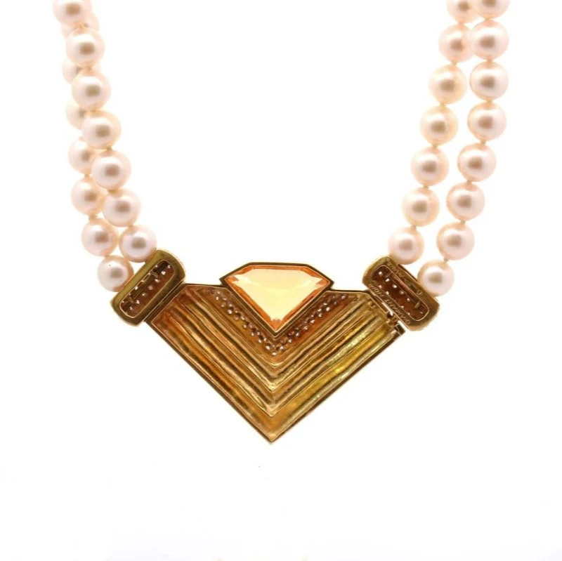Collier chaîne en or jaune, citrine, perles et diamants - Image 2