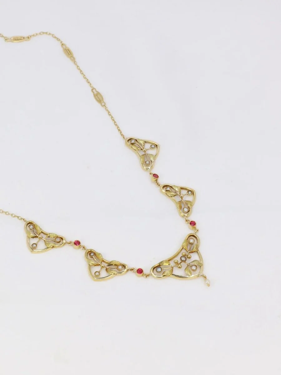 Collier draperie Art Nouveau en or jaune, perles fines et pierres roses - Image 4