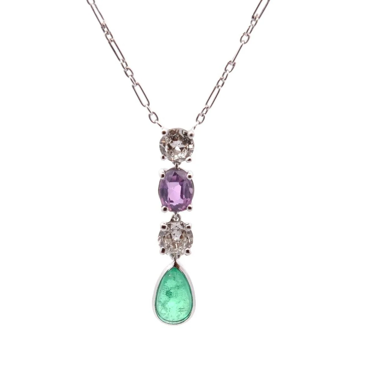 Collier Pendentif en or blanc, émeraude, saphir et diamants
