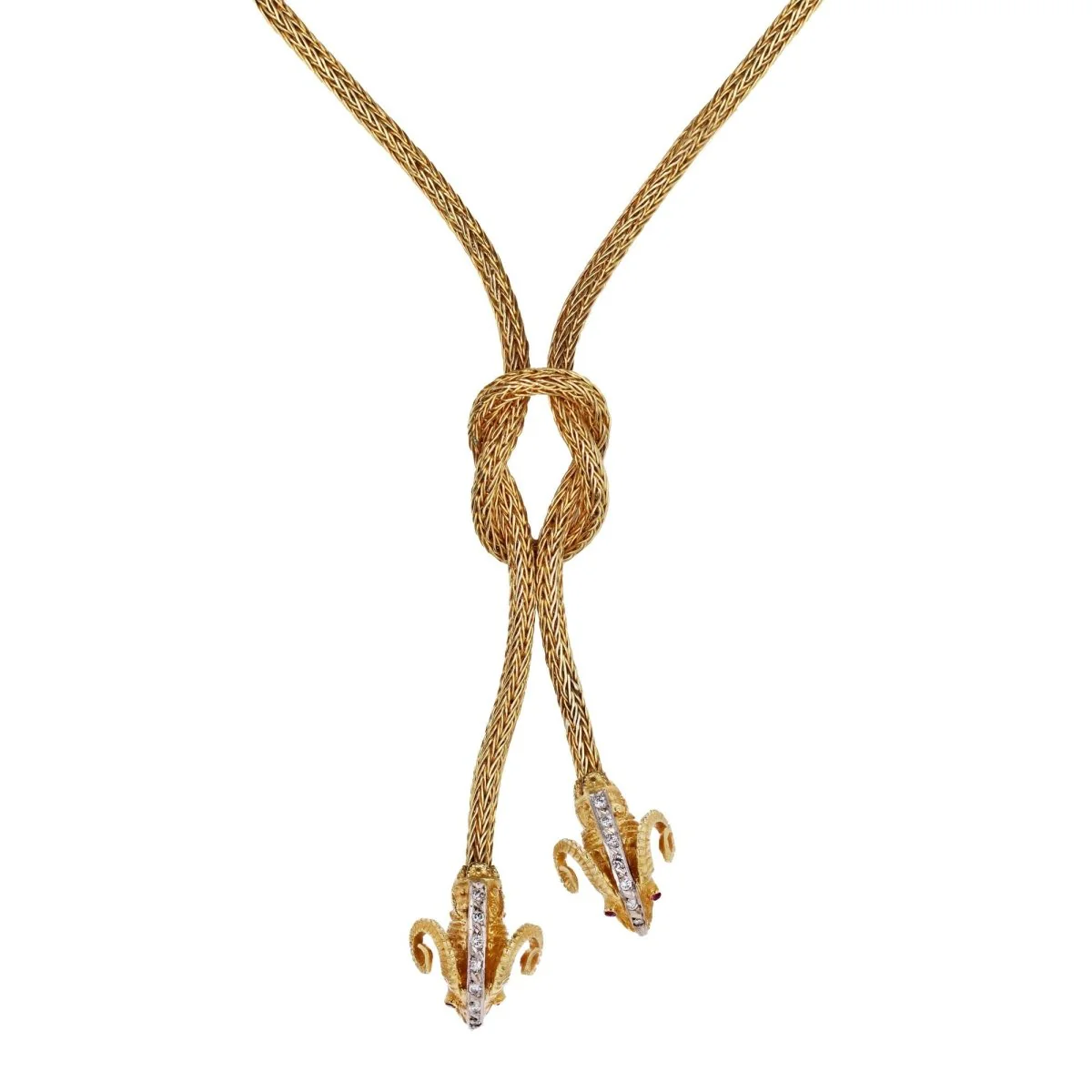 Collier Cravate en or jaune, rubis et diamants