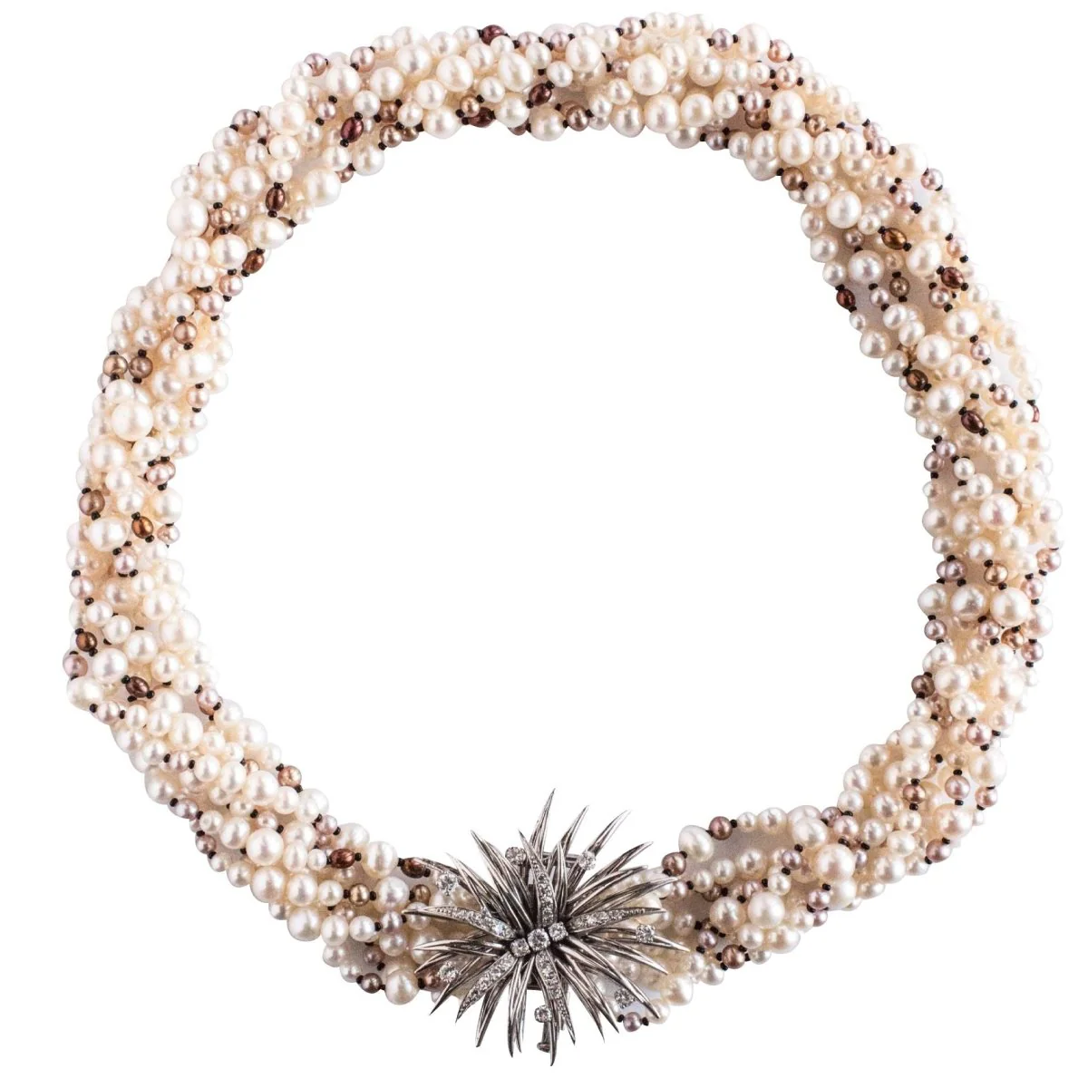 Collier Ras de Cou en or blanc, platine, onyx, perles et diamants