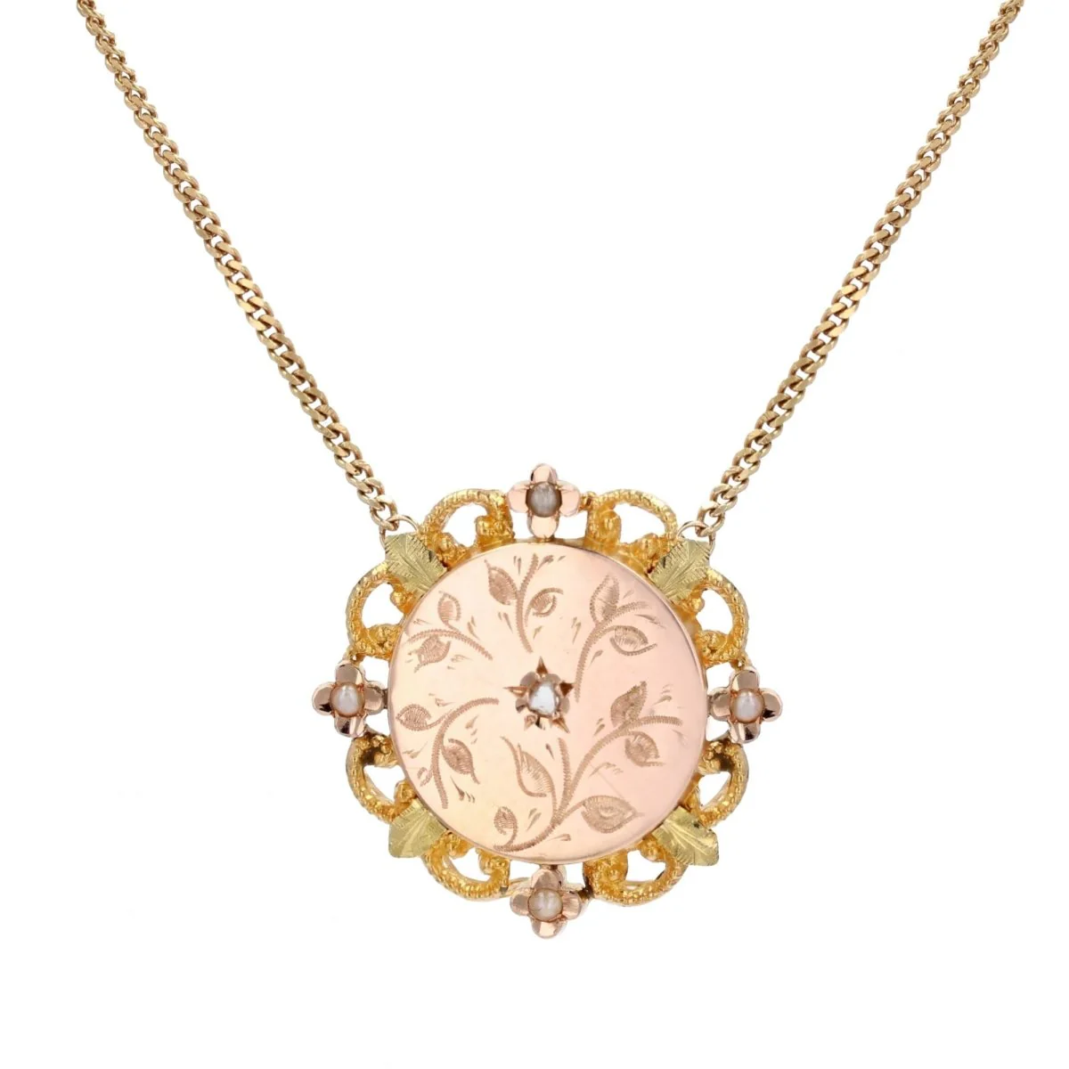 Collier Chaîne en or jaune, or rose, or vert, perles et diamant
