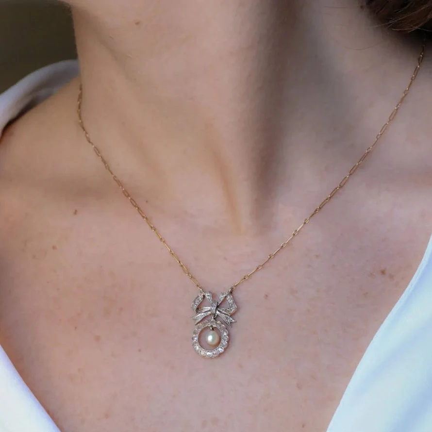 Collier noeud Belle Epoque or diamants perle fine - Image 2