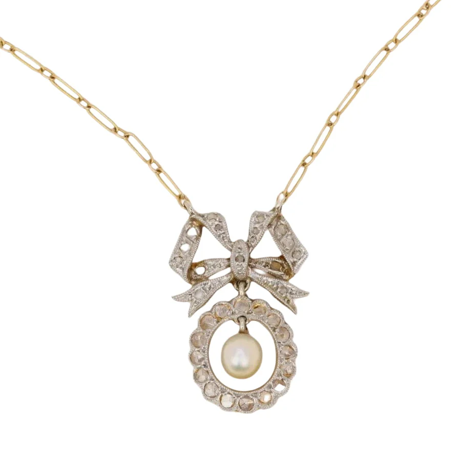 Collier noeud Belle Epoque or diamants perle fine - Image 4