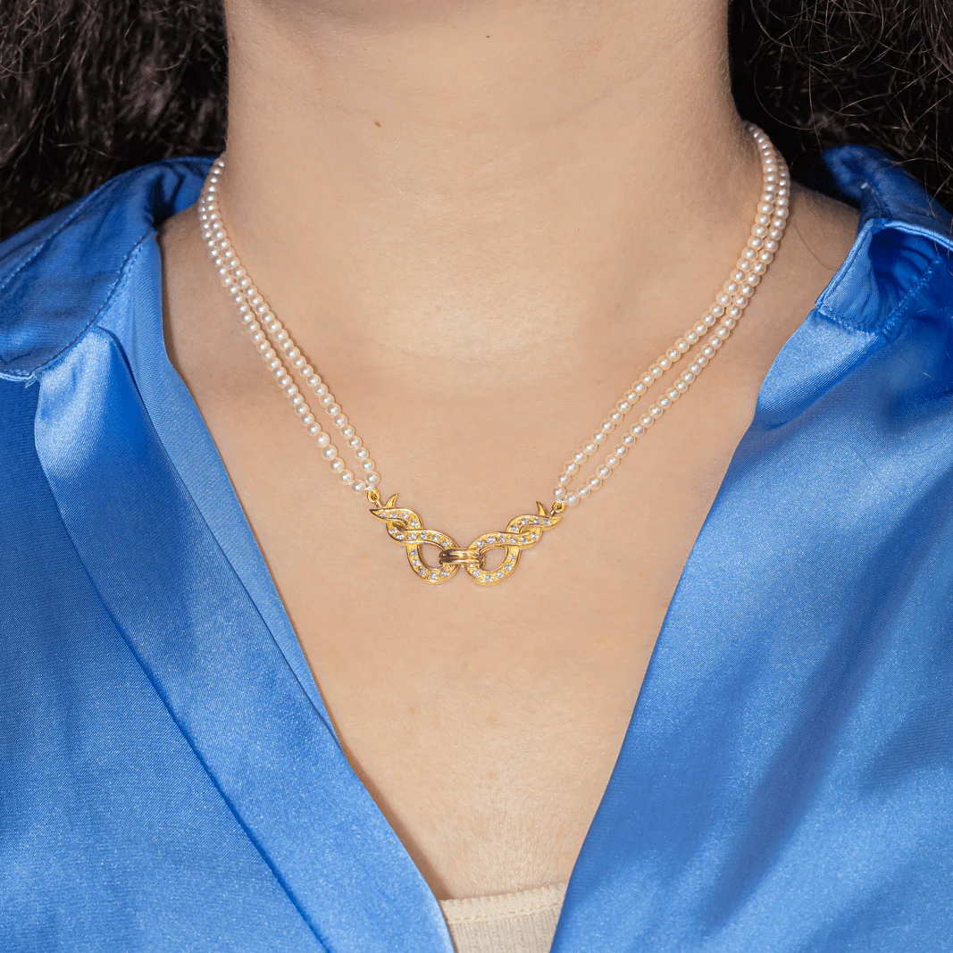 Collier Perles en or jaune et diamants - Image 2