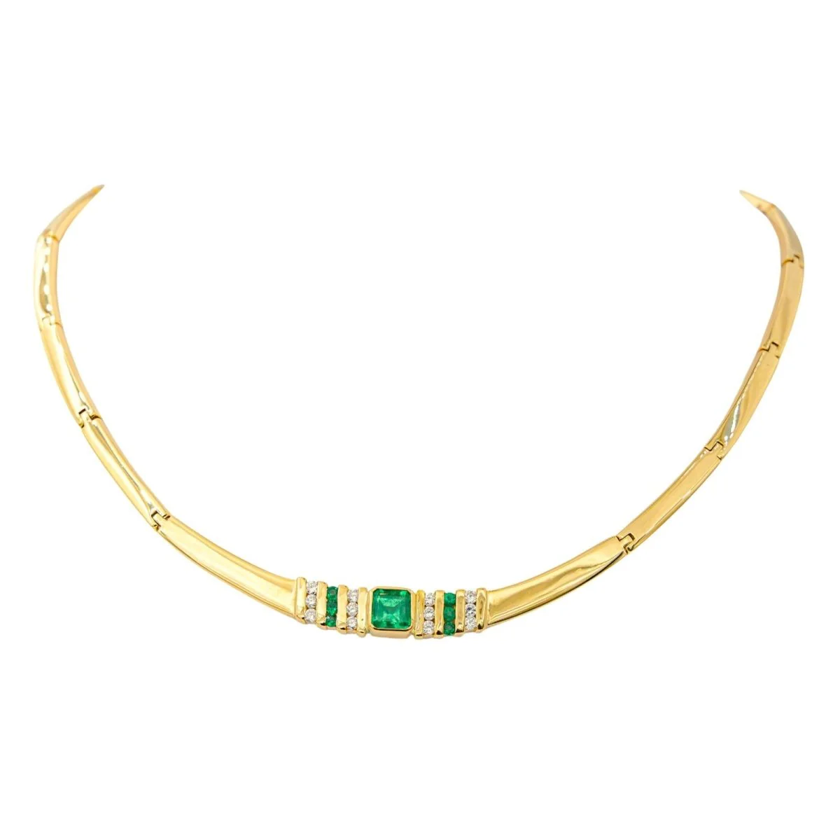 Collier Ras de Cou en or jaune, émeraudes et diamants