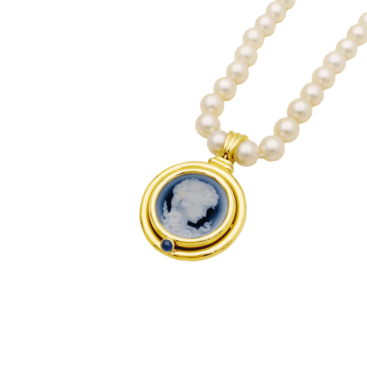 Collier Pendentif en or jaune, camée, onyx, perles et saphir - Image 4