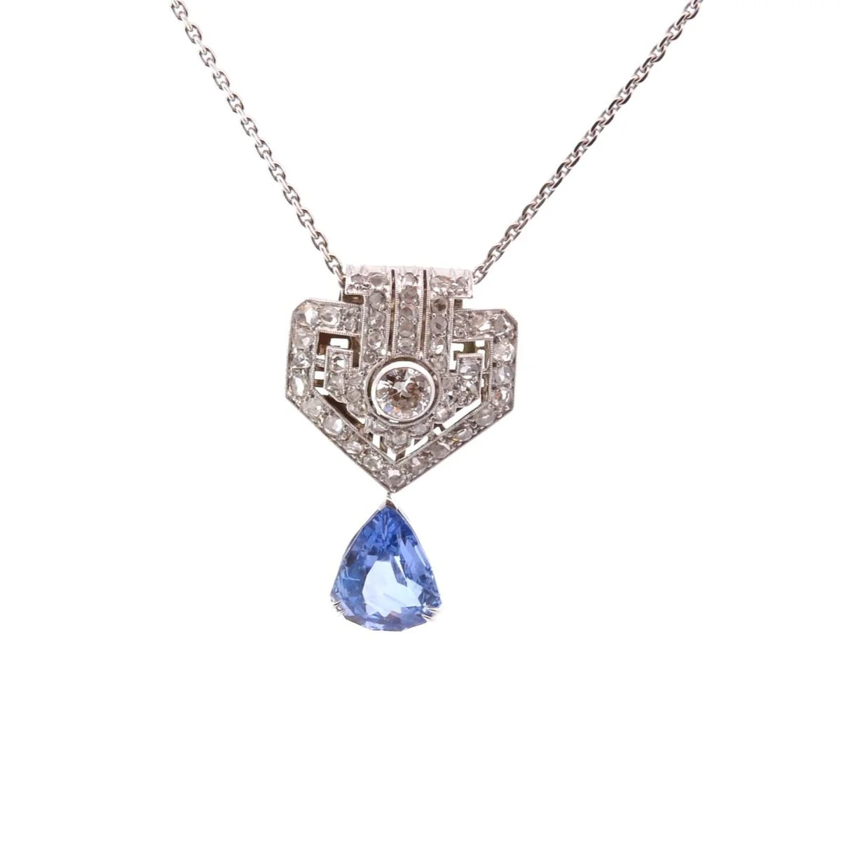 Collier chaîne en or, platine, saphir et diamants