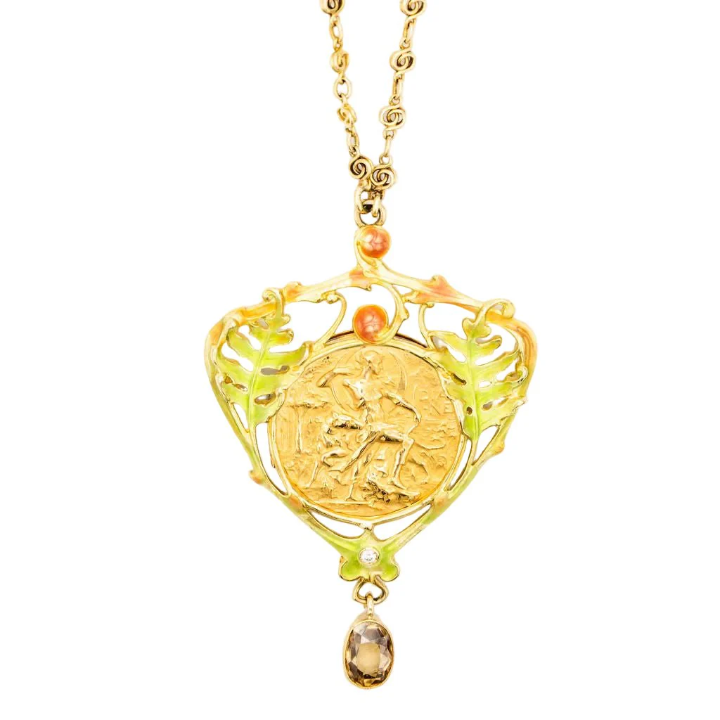 Collier Pendentif Art Nouveau HENRI VEVER en or jaune, émail et béryl